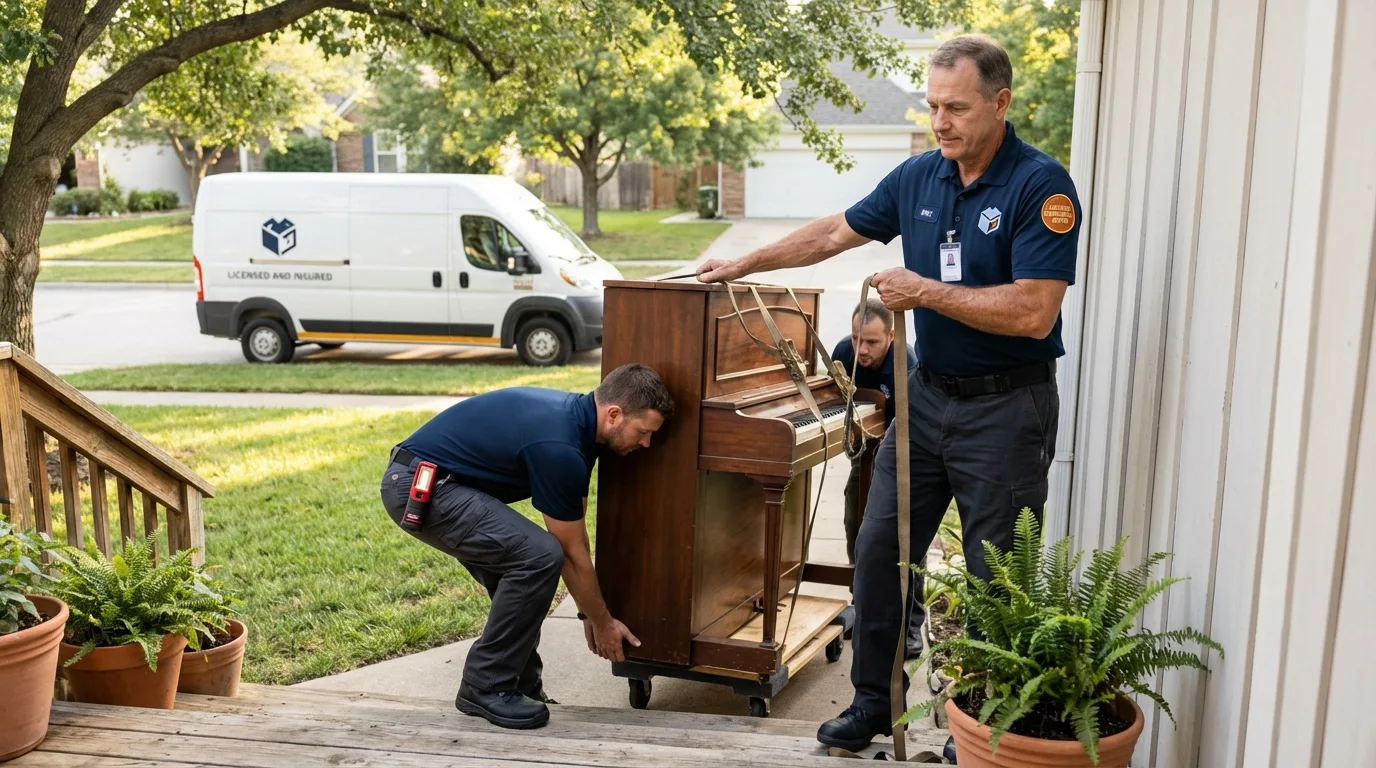 Licensed piano movers securing grand piano in Ponce, PR